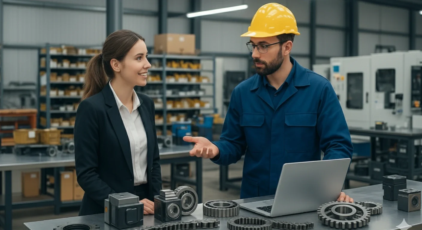 Ingeniero industrial brindando asesoría técnica a una ejecutiva en planta, con piezas industriales sobre la mesa como rodamientos, cadenas y sprockets.