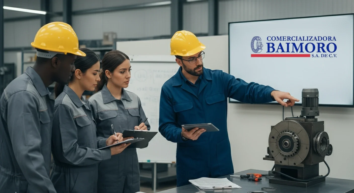 écnico de BAIMORO capacitando a un grupo de operarios industriales frente a una máquina eléctrica, explicando el uso correcto y mantenimiento de equipos.