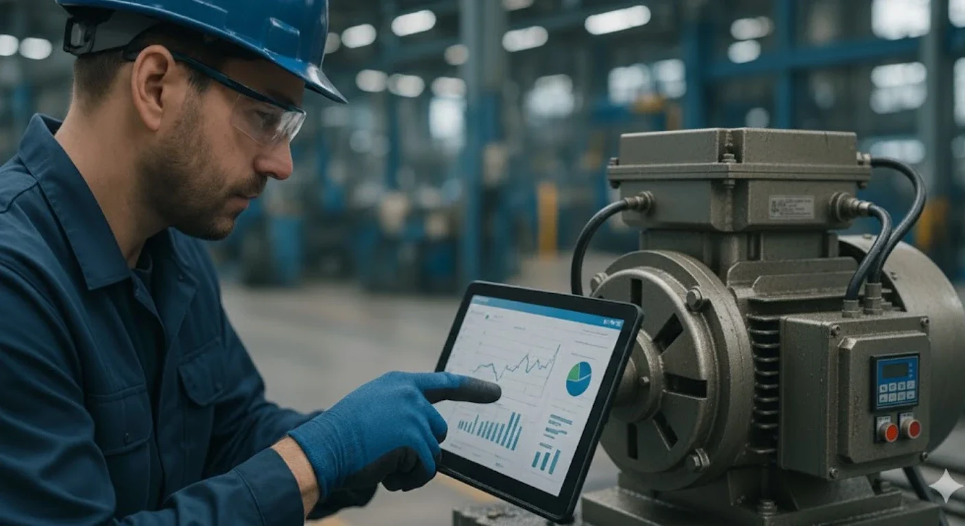 Técnico industrial realizando diagnóstico personalizado a motor eléctrico con tablet dentro de planta de manufactura en CDMX